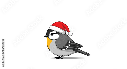 Adorable little gray and white bird wearing a red Christmas Santa hat for a festive seasonal illustration on white.