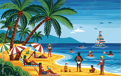 Tropical Beach Scene with Palm Trees and Relaxing Tourists