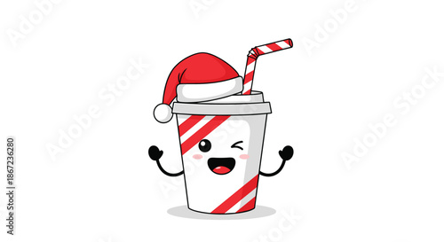Happy cartoon soda cup character wearing a red Santa hat and winking for a fun Christmas beverage promotion on white.