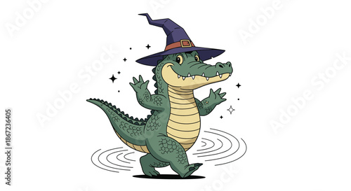 Friendly cartoon crocodile character wearing a purple wizard hat and walking happily on a rippled water surface.