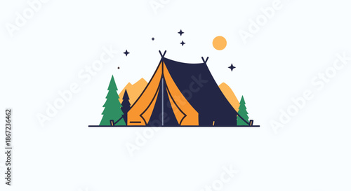 Peaceful night camping scene featuring a dark tent under a starry sky with a bright yellow moon and green pine trees.