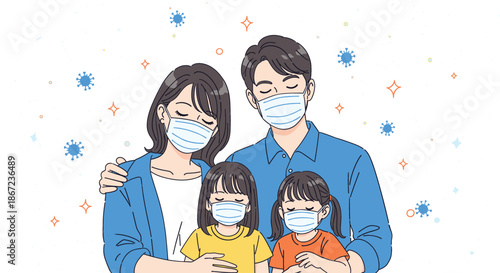 Young family with children wearing blue medical protective face masks for virus prevention and health safety during pandemic, flat vector illustration.