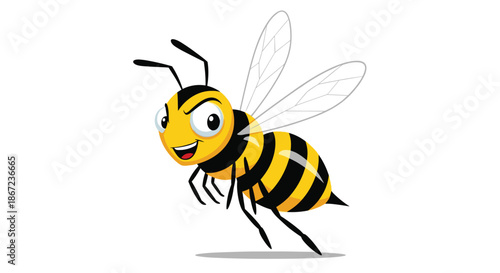 Happy cartoon honeybee flying with open wings and a friendly smiling face isolated on a clean white background.