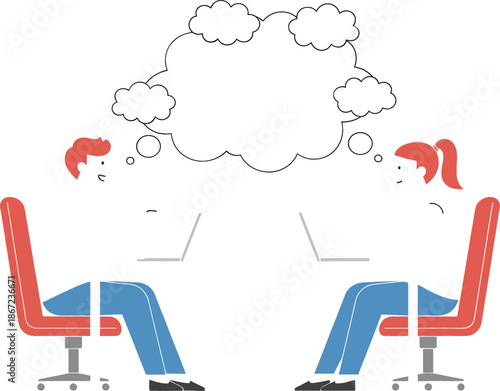 Two professional colleagues sitting at desks with laptops and a large shared thought bubble for brainstorming ideas, flat vector illustration for collaboration.