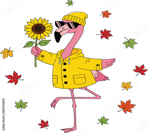 Cute cartoon flamingo character wearing yellow raincoat beanie and sunglasses holding sunflower with autumn maple leaves fall seasonal concept vector illustration.