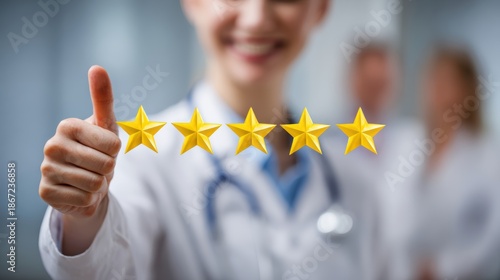 Doctor giving thumbs up with five star rating, representing excellent medical care and patient satisfaction