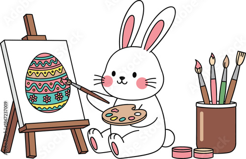 Cute white bunny artist painting a decorated Easter egg on a wooden easel with paint brushes and palette for spring holiday celebration vector illustration.