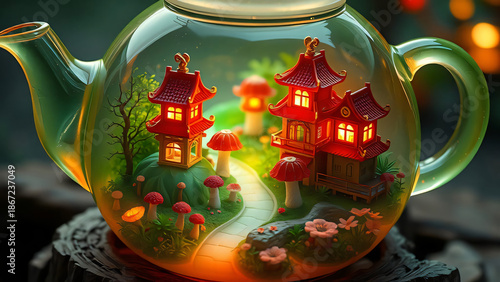 A handmade antique ceramic teapot and porcelain cup of tea sit beside a traditional clay vase and decorative gold ornament as part of a classic pottery art design