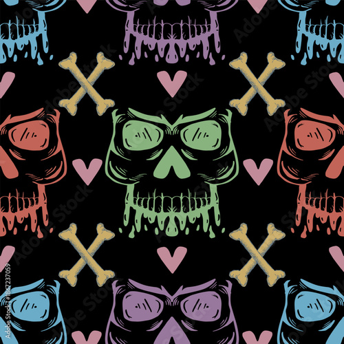 Seamless pattern with skulls, bones and hearts. Halloween background. Vector illustration.