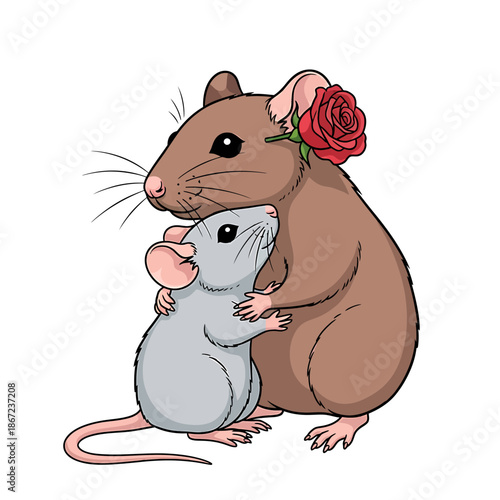 Adorable cartoon illustration of two affectionate mice embracing, with a sweet red rose accenting their loving bond, perfect for cute designs and themes