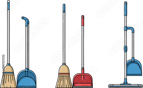 Set of cleaning tools including various brooms and dustpans with flat mop for household chores and professional janitorial service equipment vector illustration.