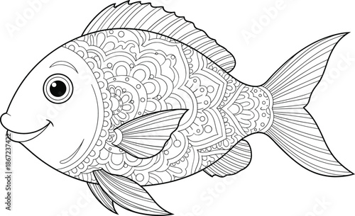 Intricate mandala fish coloring page for adults with zen tangle patterns and floral ornaments isolated on white background for relaxation and stress relief vector illustration.
