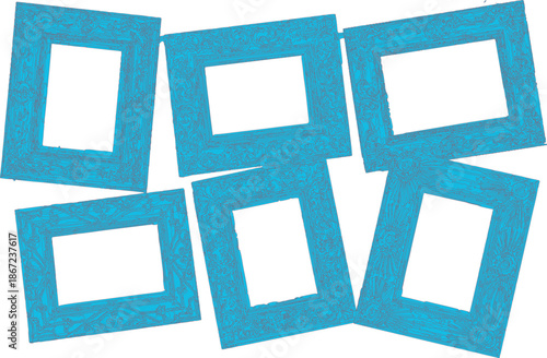 Set of blank photo frames and yellow sticky notes with empty square borders for business messages and reminders on a white office board design