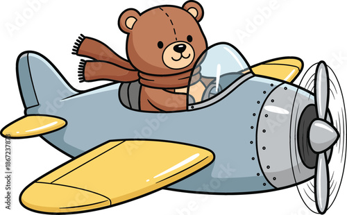 Cute cartoon teddy bear pilot wearing a brown scarf flying a blue and yellow vintage propeller airplane for kids nursery decor and birthday invitations.