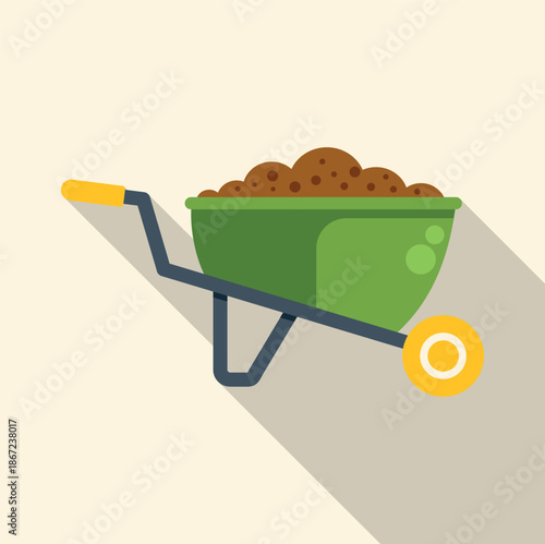 Green wheelbarrow with brown soil displaying a flat design with a long shadow