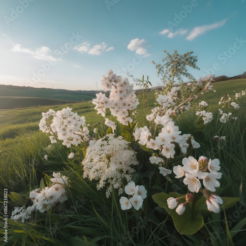 Cherry blossom tree blooming with white flowers in spring garden under bright sky
