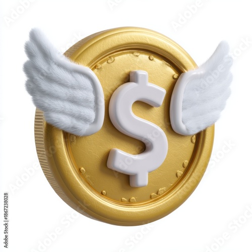 Golden coin with wings symbol isolated on white background isolated on white background