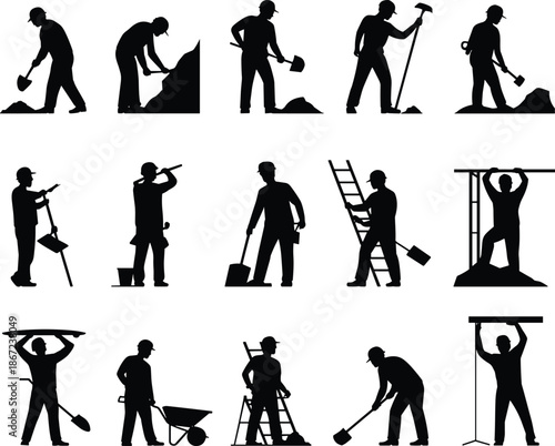Construction worker silhouette set showing labor tasks, tools usage, building activities, industrial work poses, black vector illustration isolated