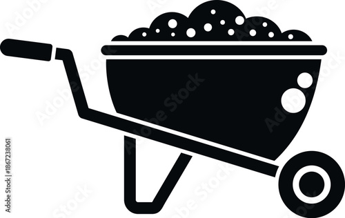 Wheelbarrow with soil, a simple black icon for gardening, farming, and construction work