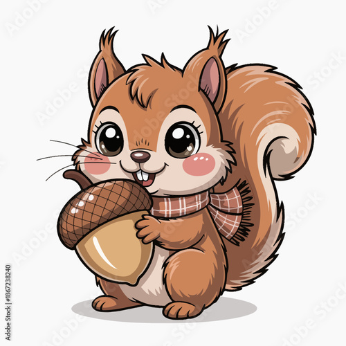 A cute cartoon squirrel holds a large acorn, exuding playful charm. With rosy cheeks and a cozy scarf, it radiates warmth and friendliness