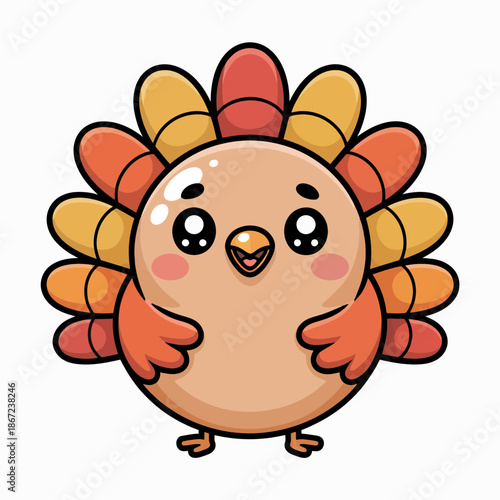A delightful cartoon turkey smiles with wide eyes, featuring vibrant feathers in shades of orange and yellow. Its round, plump body and adorable expression make it appealing and inviting.