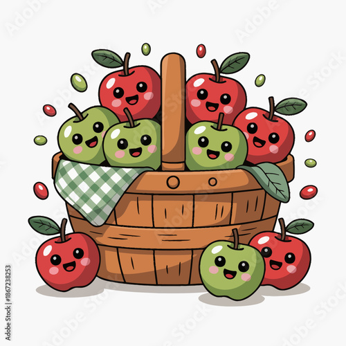 A group of cartoon apples with smiling faces sits cheerfully inside a wooden basket