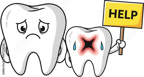 Sad cartoon tooth character with cavity holding help sign next to worried white tooth dental health care and toothache medical concept.