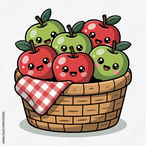 A delightful basket filled with cartoonish red and green apples, each sporting a happy face and cute expressions