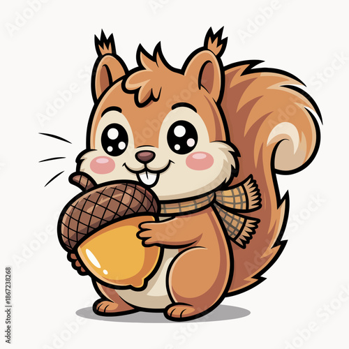 A cute cartoon squirrel holds a large acorn, exuding playful charm. With rosy cheeks and a cozy scarf, it radiates warmth and friendliness