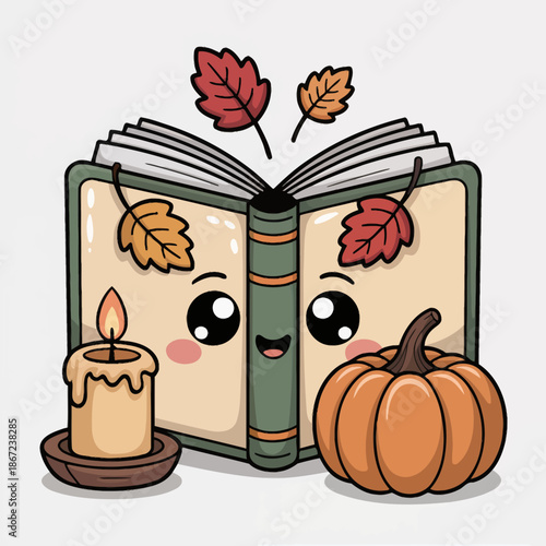 A  smiling book is surrounded by falling leaves, a pumpkin, and a lit candle, creating a warm autumn ambiance