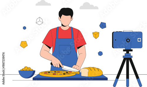 Male chef vlogger recording cooking tutorial on smartphone camera for social media blog food preparation and culinary online education flat vector.
