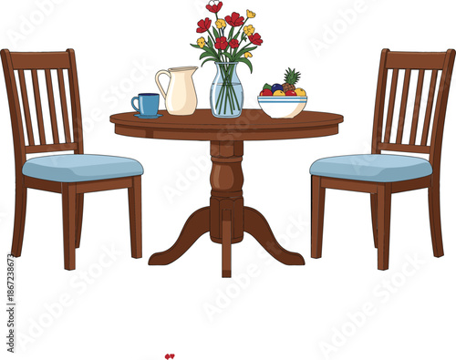 Wooden round dining table with two chairs flower vase fruit bowl and coffee cup cozy home furniture interior design concept vector illustration.