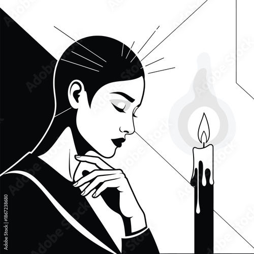 woman praying with candle, contemplative moment