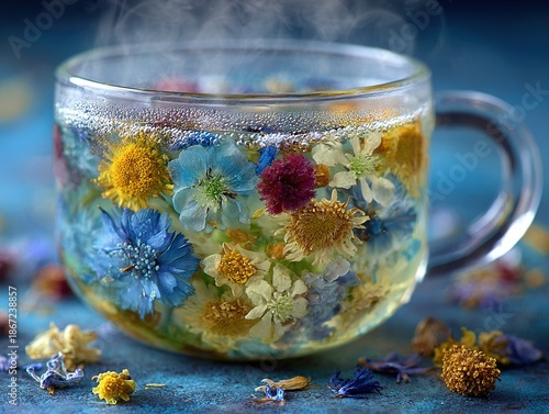 Clear glass cup of herbal flower tea with colorful blossoms floating in hot water creating a calming botanical still life with steam