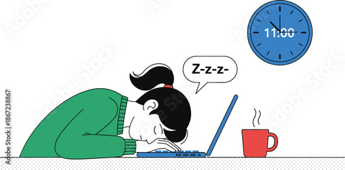 Exhausted young woman sleeping on laptop keyboard at night with clock showing eleven and hot coffee cup burnout and deadline stress concept.