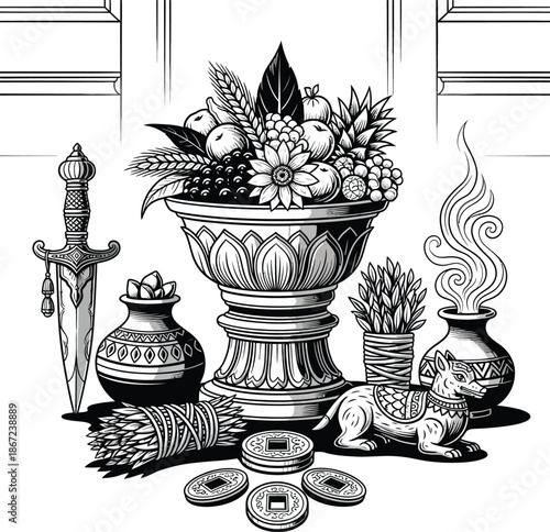 still life with flowers, sword, and incense
