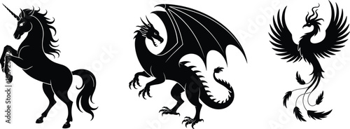 Fantasy creature silhouettes set, unicorn dragon phoenix, black mythical animals illustration, magical legendary icons isolated on white background vector art