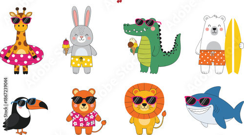Cute cartoon animals in summer outfits with sunglasses giraffe bunny crocodile polar bear toucan tiger lion and shark collection vector illustration isolated.