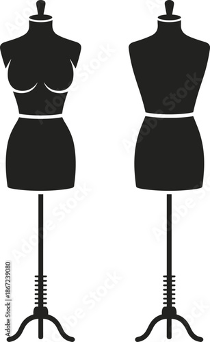 Fashion dress form mannequin silhouette front and back view, tailoring equipment concept, sewing studio apparel design, black vector illustration isolated