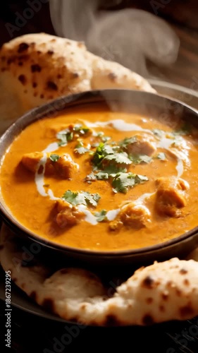 Steaming Bowl of Butter Chicken With Naan Bread, Close Up