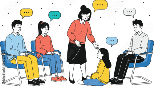 Diverse people sitting in chairs during group therapy session with female counselor supporting girl mental health community support and psychological counseling concept.