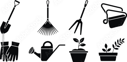 Gardening tools icon set including shovel rake fork watering can gloves potted plants minimal black silhouette illustration for stock design