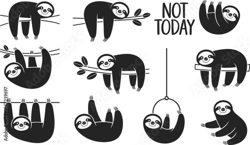 Funny sloth illustrations set, lazy animal characters hanging relaxing not today quote cartoon vector design collection cute playful minimal graphic