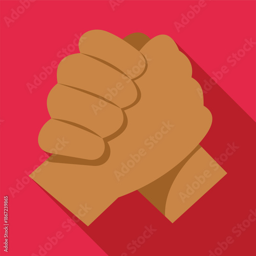 Two hands gripping each other firmly, representing teamwork and agreement on a red background