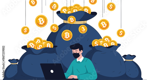 Professional man using laptop surrounded by large money bags full of bitcoin gold coins cryptocurrency investment and digital wealth growth concept.
