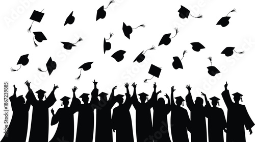 Graduation ceremony silhouettes celebrating students throwing caps isolated on white background for education success, achievement, university, vector, illustration, people, concept, graphic design