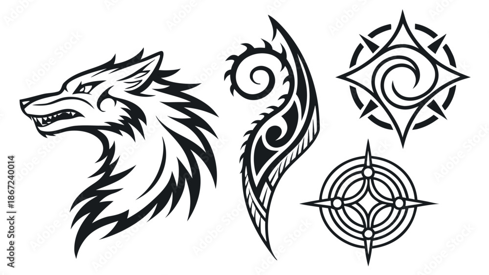 Fototapeta premium Tribal Graphic Collection featuring Wolf Head and Geometric Celtic Symbols