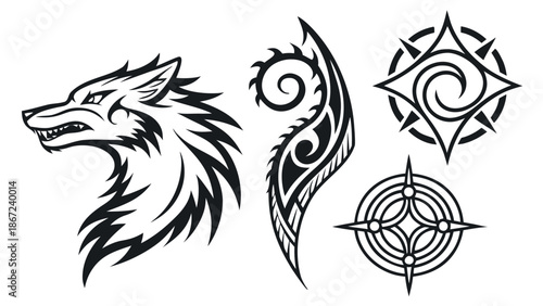 Tribal Graphic Collection featuring Wolf Head and Geometric Celtic Symbols