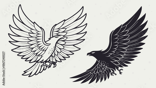 Stylized Graphic Illustration of Flying Eagles in Black and White