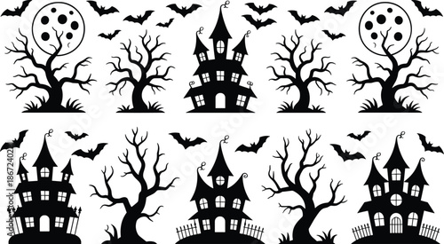 Halloween haunted house silhouettes with bats moon and spooky trees isolated on white background for horror, party decoration, vector, illustration, graphic design set